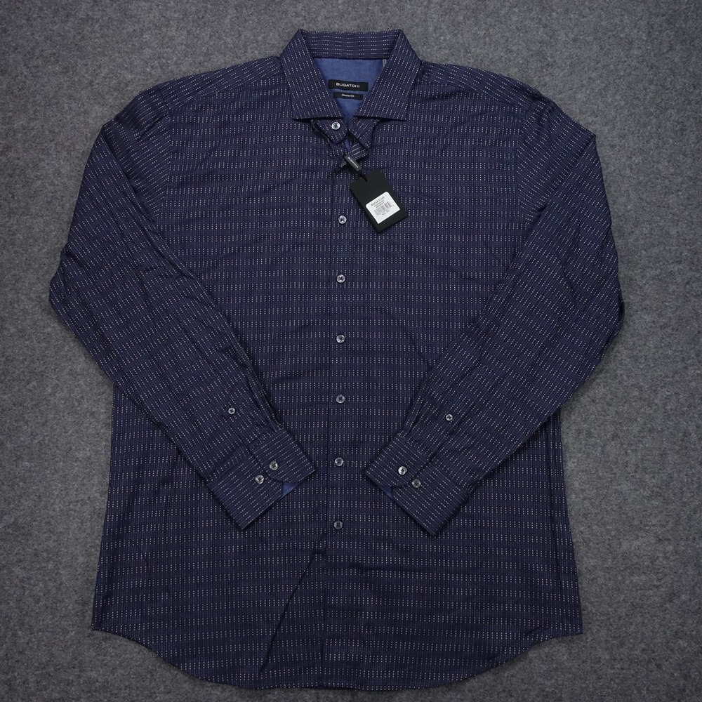 NWT Bugatchi Button Down Shirt Mens XXL Shaped Fit Long Sleeve Midnight Blue
